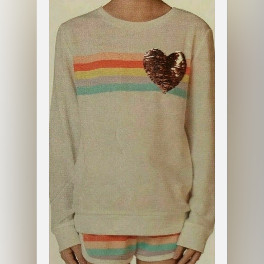 BCBG Girl's 2 Piece Lounge Set Pink Heart Cozy White Sweatshirt & Short SMALL